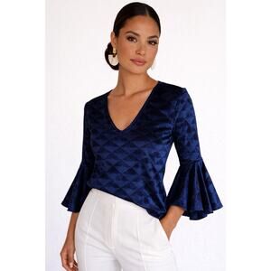Manaola Blue Black Geometric Bell Sleeve Stretch Velvet Top XS Hawaii